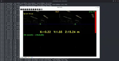 The depth verify tool showing live stereo triangulation output, validated to 15 m. The low exposure makes the image nearly black.