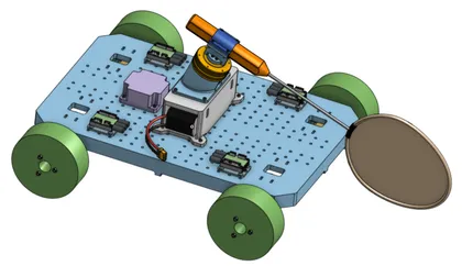 The robot CAD, with the striking arm, power distribution block, drive motor ESC, battery, racquet and mecanum wheels